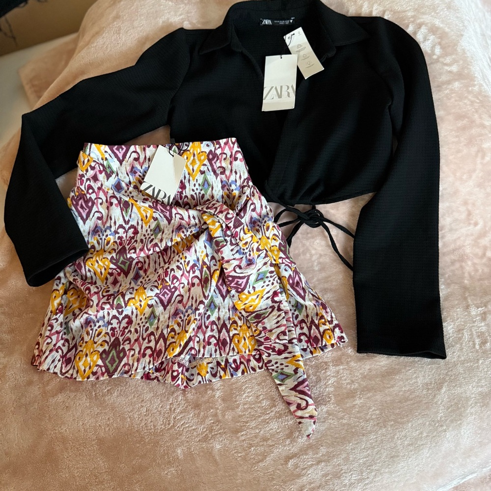 Zara NWT Set: Black Tie Front Crop Top (XS) & Ikat Print Wrap Skort (S)